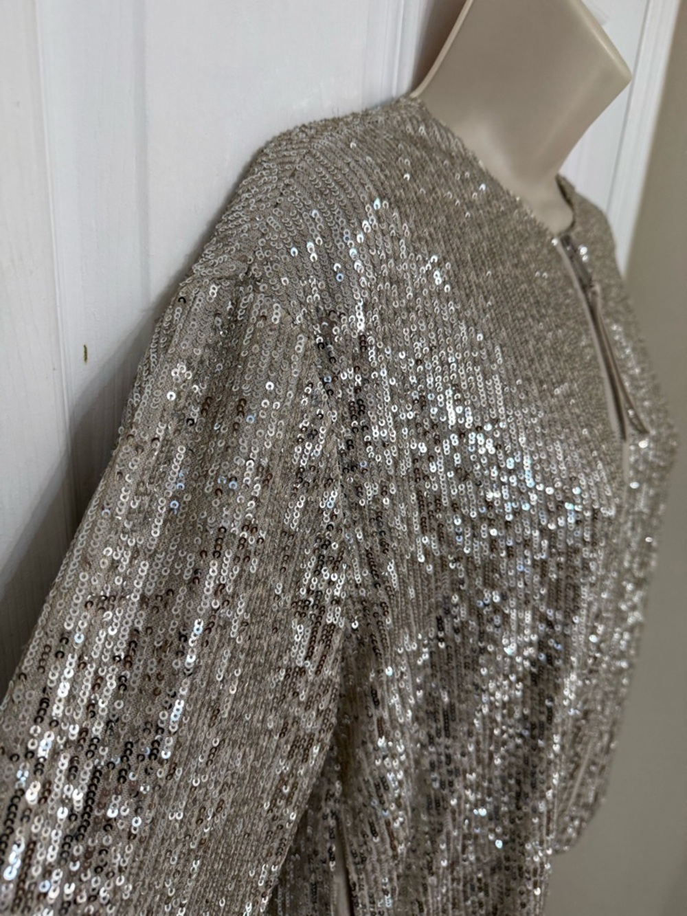 Zara Silver Sequin Bomber Jacket Champagne Zip Front L - Picture 8 of 12
